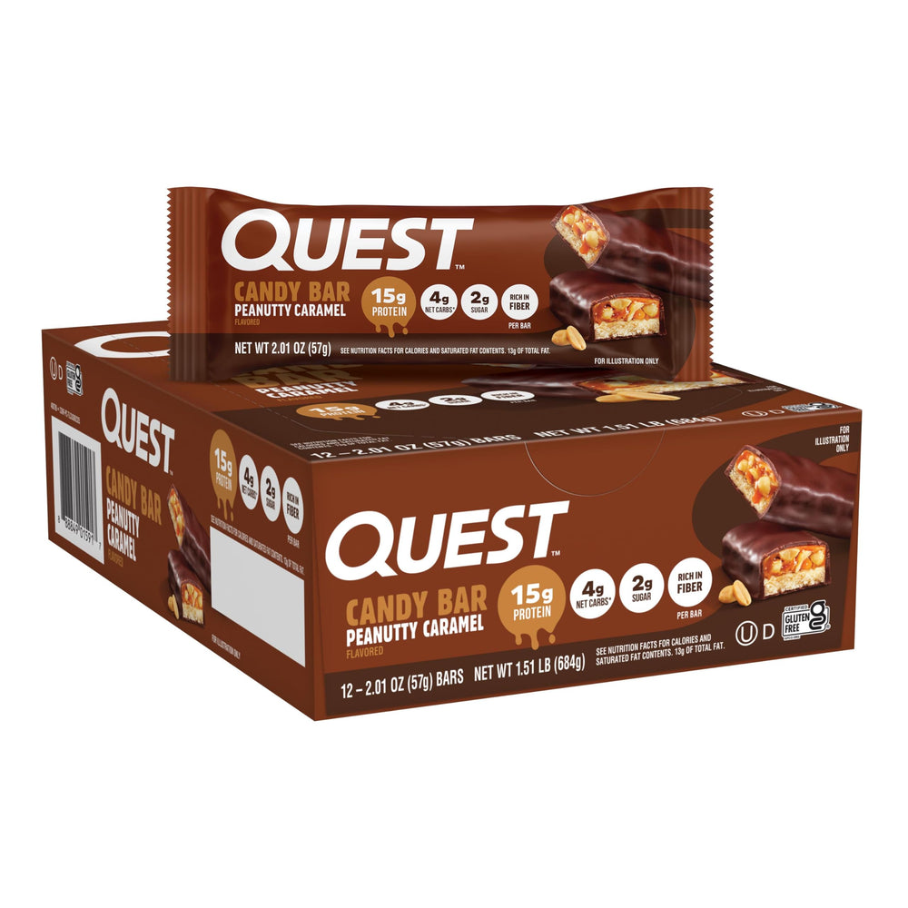 Quest Peanutty Caramel Bar packaging showcasing branding and convenient on-the-go snack