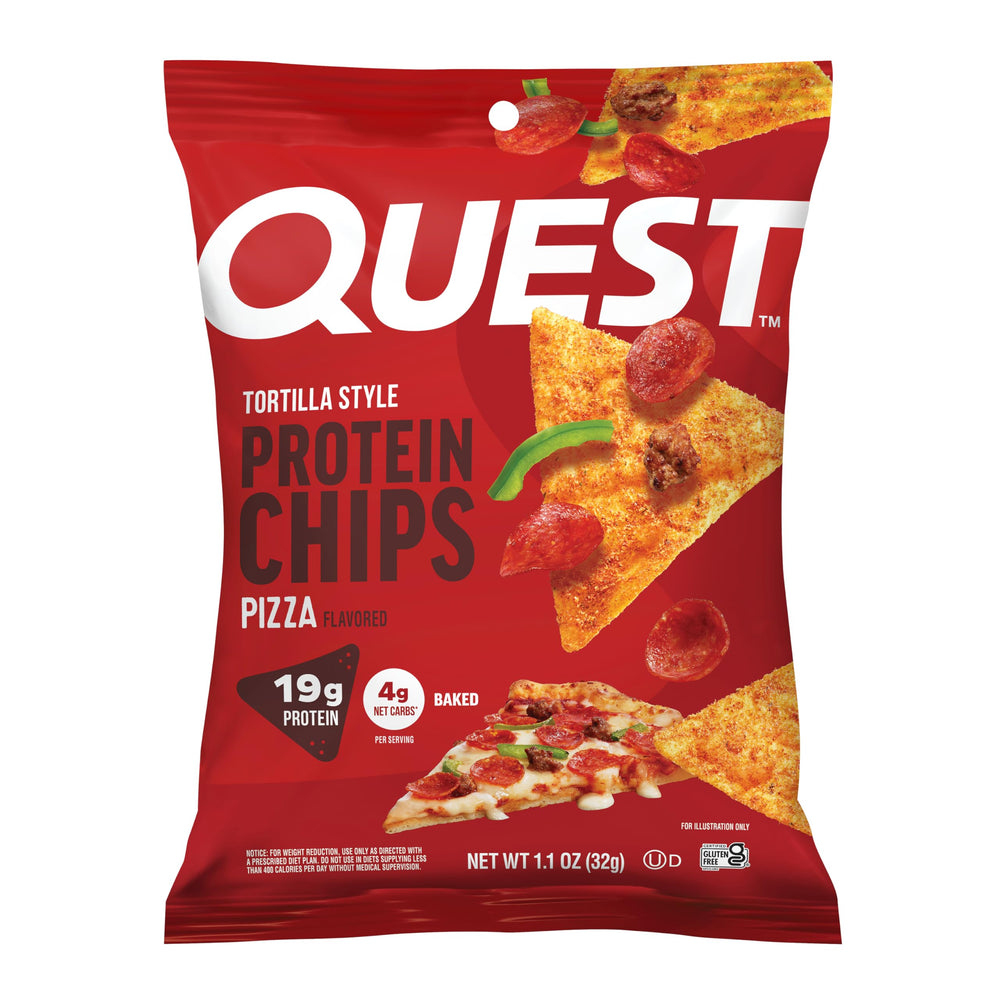 Quest pizza-flavored tortilla-style protein chips bag front showing gluten-free, high-protein snack.