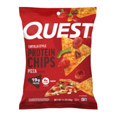 Quest pizza-flavored tortilla-style protein chips bag front showing gluten-free, high-protein snack.