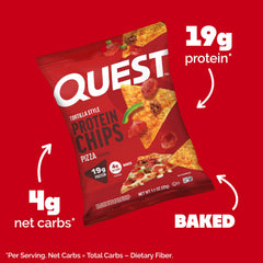 Quest pizza-flavored tortilla-style protein chips bag nutrition panel with 19g protein and 4g net carbs.