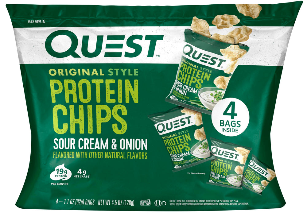 Quest Sour Cream Onion protein chips bag closeup showing protein-packed crunch