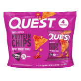 Quest Spicy Sweet Chili tortilla chip close-up showing crisp texture and crunch