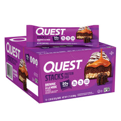 Quest Stacks Brownie a la Mode bar pack with layered textures for post-workout indulgence.