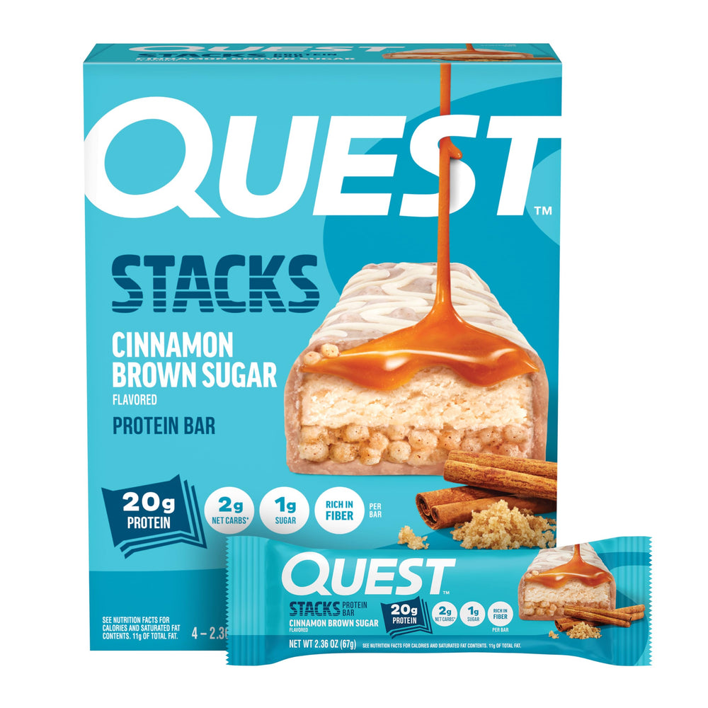 Quest Stacks Cinnamon Brown Sugar bar in package shows layered texture for flavorful snacking.
