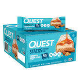 Quest Stacks Cinnamon Brown Sugar bar wrapper showcases crispy layers for a satisfying protein-rich snack.