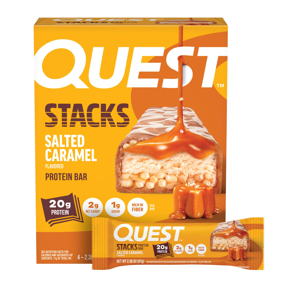 Quest Stacks Salted Caramel Bar with crispy-chewy layers for a satisfying snack