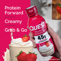 Quest strawberry protein shake label closeup emphasizes gluten-free protein option for athletes
