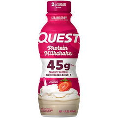 Quest strawberry protein shake ready-to-drink pack demonstrates on-the-go convenience