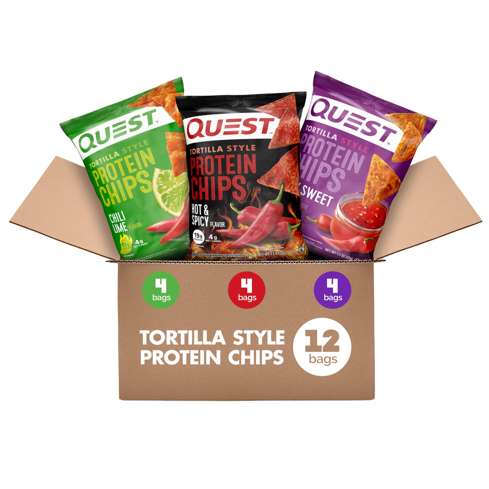 Quest Tortilla Style Protein Chips variety pack front view for grab-and-go protein.