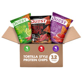 Quest Tortilla Style Protein Chips variety pack front view for grab-and-go protein.