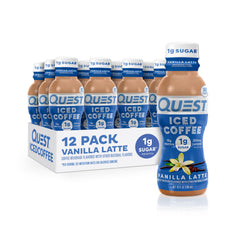 Quest Vanilla Latte Iced Coffee bottle shows a creamy caffeinated boost for busy mornings.