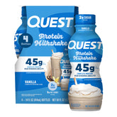 Quest Vanilla Protein Shake bottle pour shows creamy vanilla flavor for quick post-workout protein.