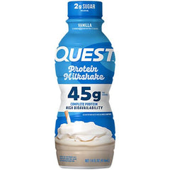 Quest Vanilla Protein Shake label shows clean ingredients and macro options