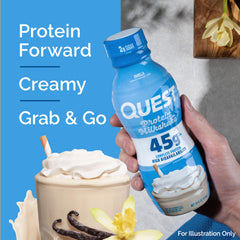 Quest Vanilla Protein Shake nutrition panel highlights 45g protein and low sugar per serving.