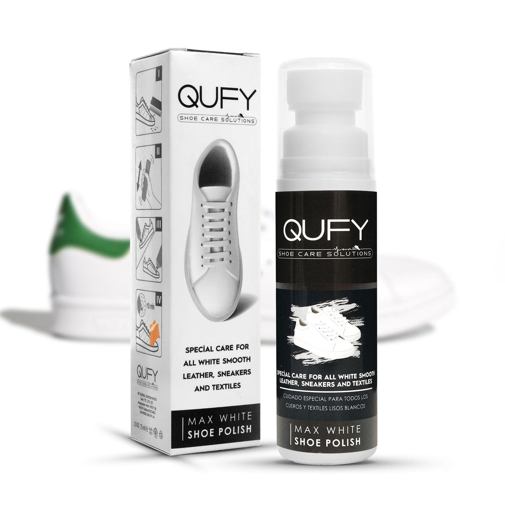 QUFY Max White Shoe Polish bottle cap close-up for quick touch-ups on leather and fabric.
