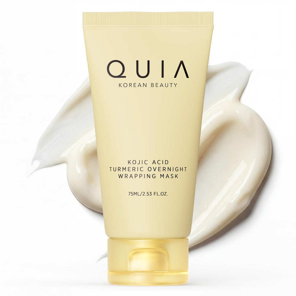 QUIA Turmeric + Kojic Overnight Wrap packaging promotes overnight hydration and glow