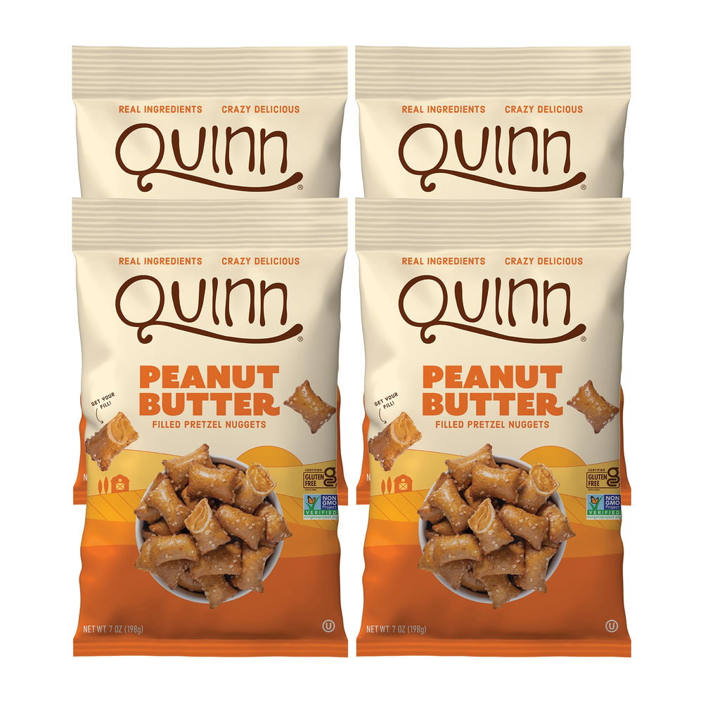 Quinn gluten-free peanut butter filled pretzel nuggets package for on-the-go snacking.