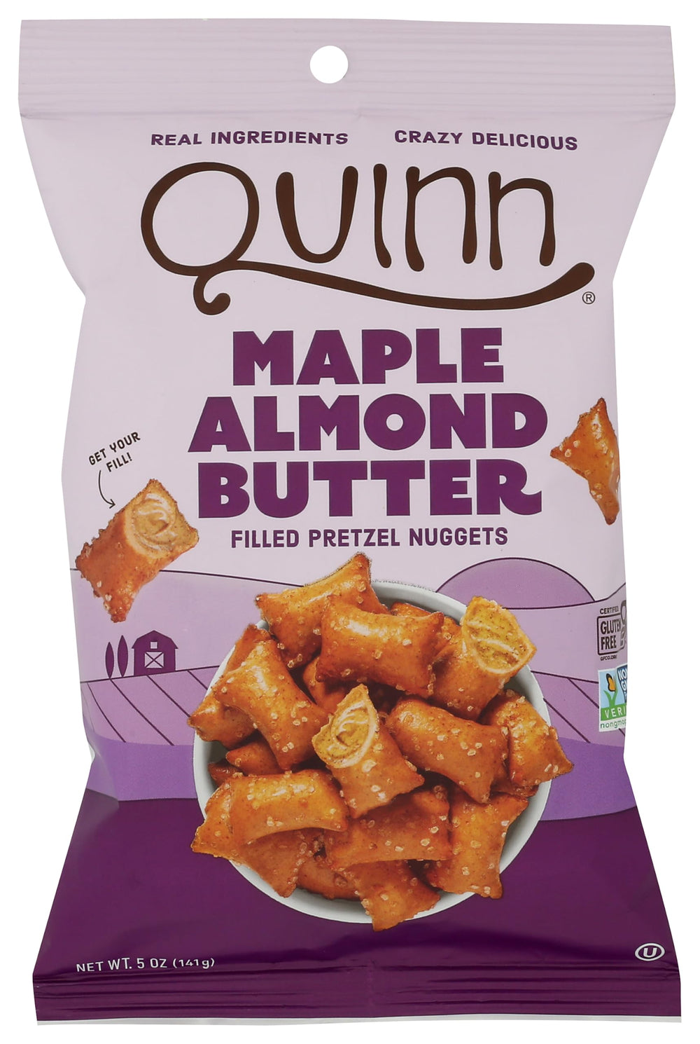Quinn Nugget Maple Almond Butter Filled Pretzel Nuggets package shot for on-the-go snacking