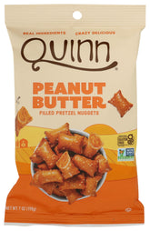 Quinn Snacks peanut butter filled pretzels in a package, convenient on-the-go snack.