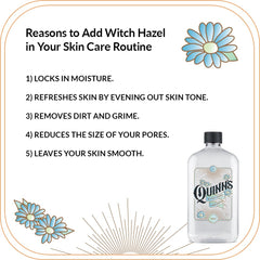 Quinn's Witch Hazel bottle with Aloe shows non-drying, multi-use routine.