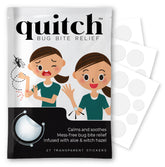 Quitch bug bite patch kids packaging close-up highlighting a natural, easy-to-apply relief option.