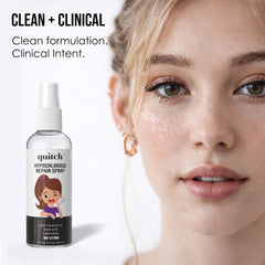 Quitch hypochlorous acid mist bottle showing touch-free application for healing piercings.