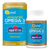 Qunol Advanced Omega-3 Krill and Fish Oil bottle on shelf, premium formula highlight