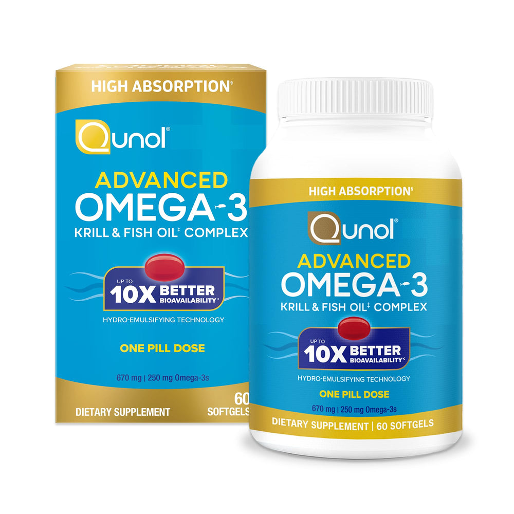 Qunol Advanced Omega-3 krill-fish oil complex bottle on a shelf for daily wellness.