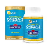 Qunol Advanced Omega-3 krill-fish oil complex bottle on a shelf for daily wellness.