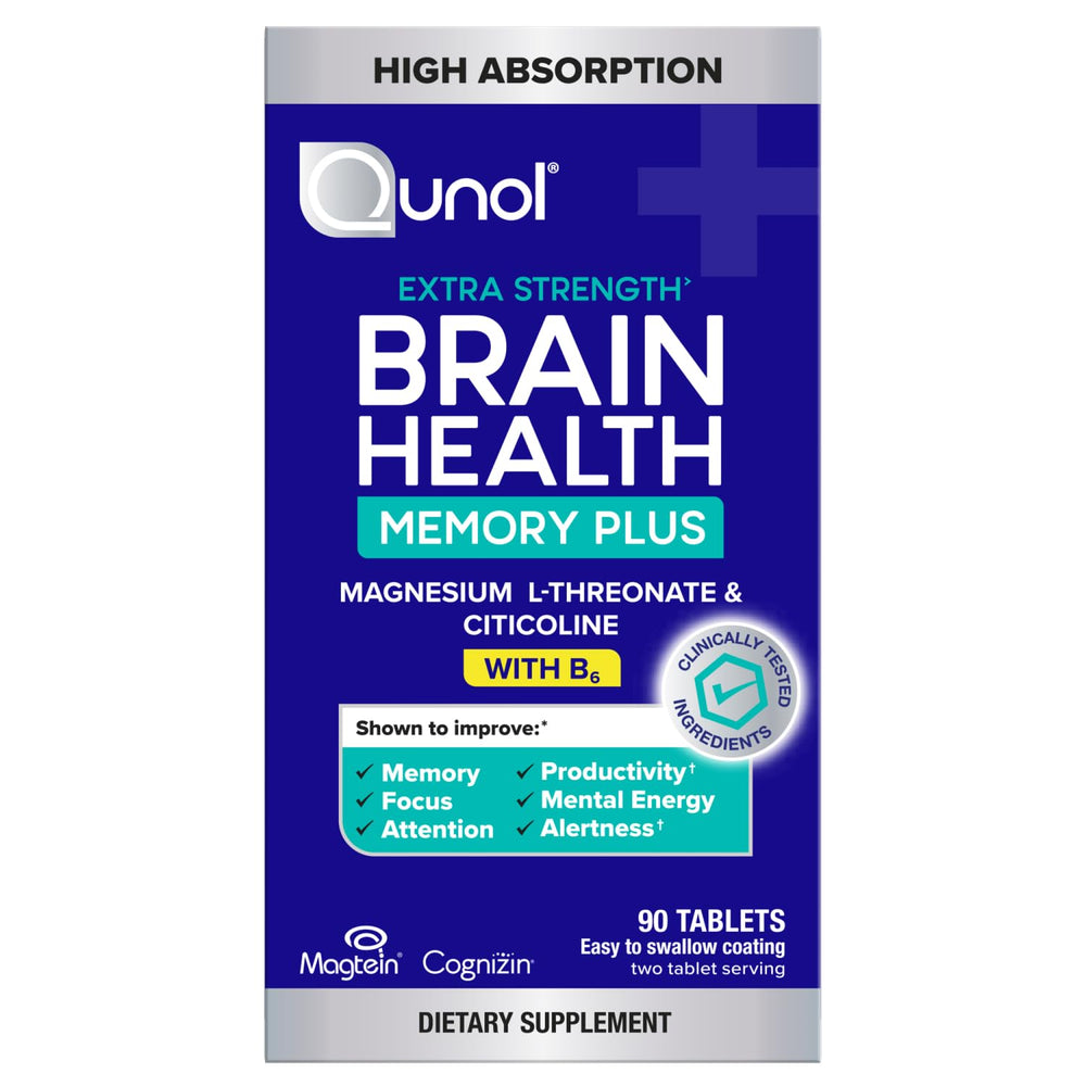 Qunol Brain Health Memory Plus bottle with easy-to-take capsules for daily focus.