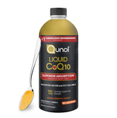 Qunol Liquid CoQ10 bottle front view highlights orange pineapple flavor and easy daily dosing.