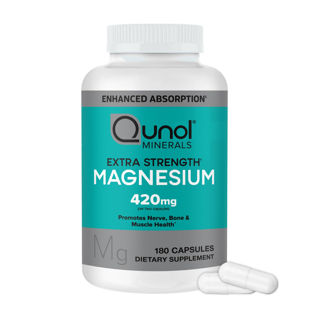 Qunol Magnesium Capsules 420mg bottle demonstrates high absorption for daily mineral support.