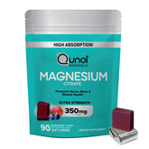 Qunol Magnesium Citrate Soft Chews bottle front highlighting high absorption for nerve and muscle support.