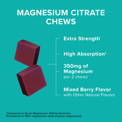 Qunol Magnesium Citrate Soft Chews jar label emphasizes heart health and strong mineral delivery.