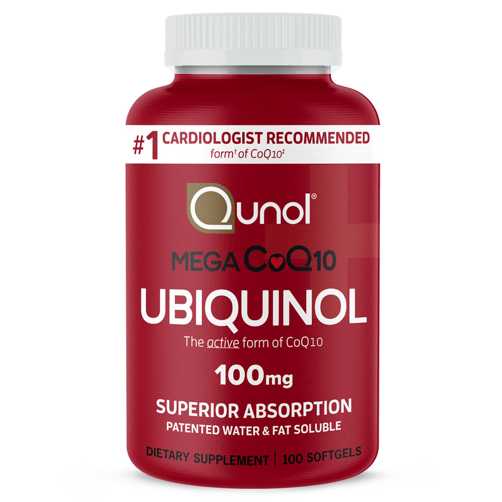Qunol Mega Ubiquinol bottle front shows superior absorption for daily energy.