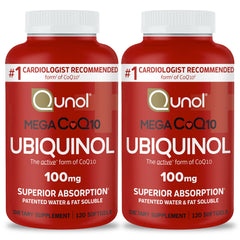 Qunol Mega ubiquinol CoQ10 softgels bottle front view for energy support.