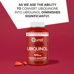 Qunol Mega ubiquinol CoQ10 softgels close-up showing easy-to-take capsules for daily use.
