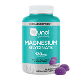Qunol magnesium glycinate gummies mixed berry bottle promoting easy daily magnesium intake.