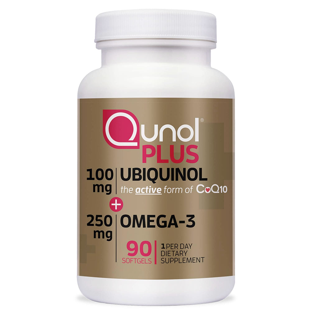 Qunol Plus bottle front label highlights ubiquinol and omega-3 for daily heart support.
