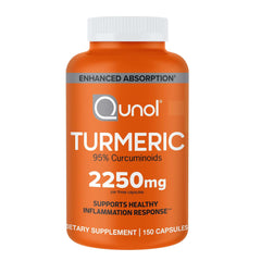 Qunol Turmeric bottle front promotes enhanced absorption with black pepper.