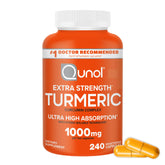 Qunol Turmeric Curcumin bottle pour highlights rapid absorption for joint support.