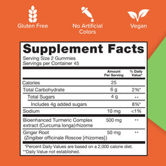 Qunol Turmeric and Ginger Gummies ingredients section highlights turmeric and ginger blend with soothing botanicals.