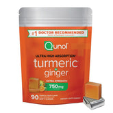 Qunol Turmeric & Ginger Soft Chews packaging shows a 90-count bottle for daily use.