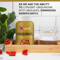 Qunol ubiquinol cap close-up highlights capsule design for easy swallowing.