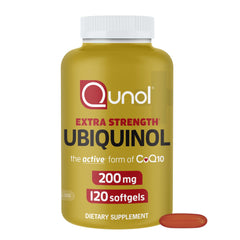 Qunol Ubiquinol CoQ10 bottle shows dosage and antioxidant support.