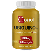 Qunol ubiquinol softgels 100mg bottle supports energy and heart health.