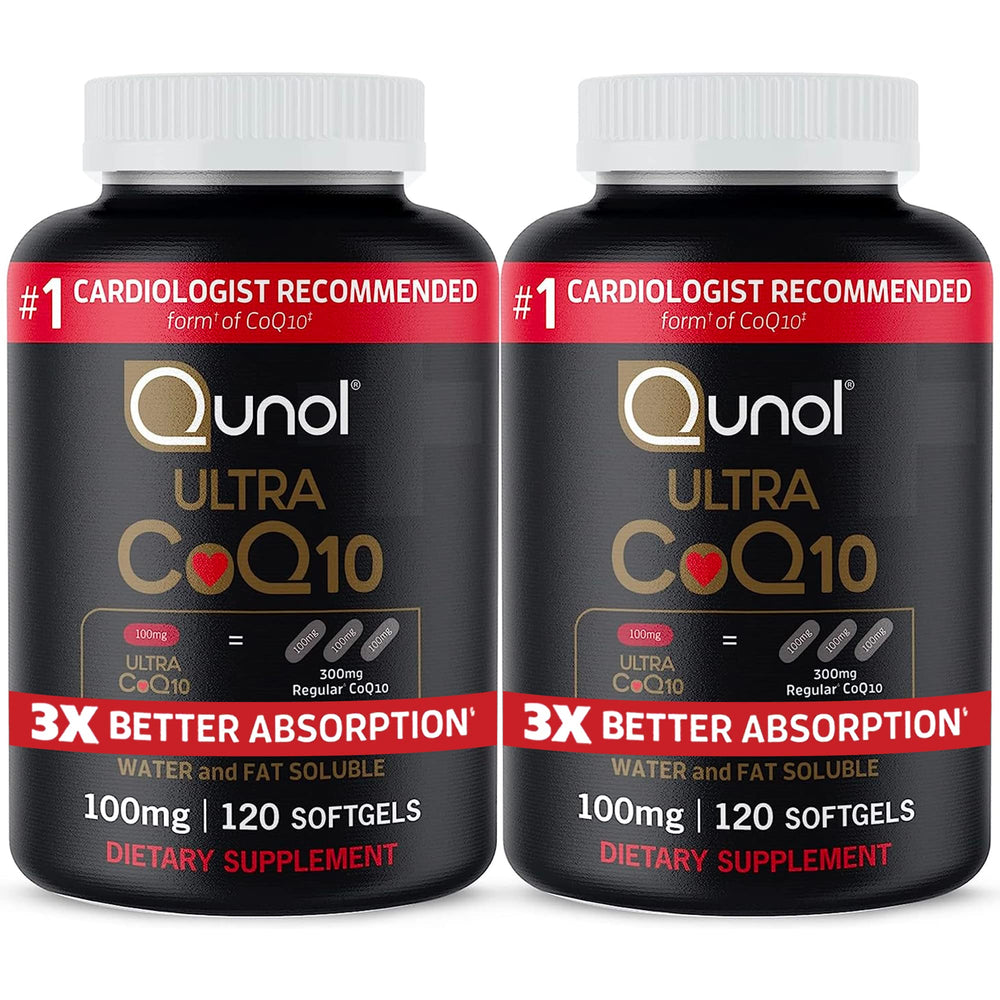 Qunol Ultra CoQ10 100mg bottle on table, supporting daily energy.