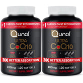 Qunol Ultra CoQ10 100mg bottle on table, supporting daily energy.