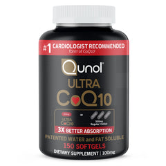 Qunol Ultra CoQ10 100mg softgels bottle showing 5-month supply for daily use.