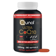 Qunol Ultra CoQ10 bottle with 100 mg softgels for better absorption